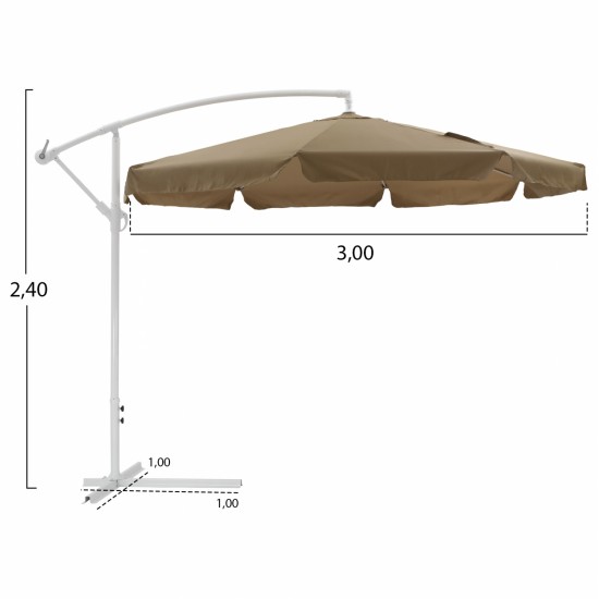 ΟΜΠΡΕΛΑ ΚΡΕΜΑΣΤΗ Φ300x240cm. NOBLE HM6008.02 ΣΤΡΟΓΓΥΛΗ ΣΕ ΒΑΣΗ ΜΕ 4 ΠΟΔΙΑ ΜΟΚΑ ΛΕΥΚΟ