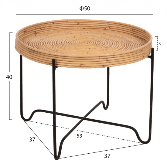 ΤΡΑΠΕΖΑΚΙ ΒΟΗΘΗΤΙΚΟ FLY HM7907 RATTAN ΦΥΣΙΚΟ ΧΡΩΜΑ-ΜΕΤΑΛΛΙΚΗ ΒΑΣΗ ΜΑΥΡΗ Φ50x40Υεκ.