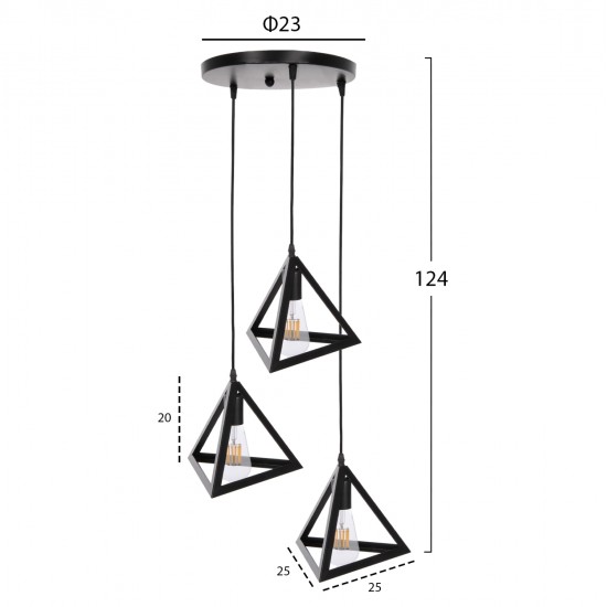 ΦΩΤΙΣΤΙΚΟ ΟΡΟΦΗΣ ΚΡΕΜΑΣΤΟ HM4182 3 ΜΑΥΡΑ ΜΕΤΑΛΛΙΚΑ ΚΑΠΕΛΑ ΠΥΡΑΜΙΔΑ Φ23x124Υεκ.