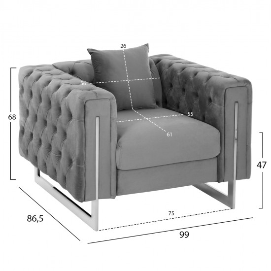 ΠΟΛΥΘΡΟΝΑ τ.CHESTERFIELD MOBAR HM3261.01 ΓΚΡΙ ΒΕΛΟΥΔΟ-ΜΕΤΑΛΛΙΚΑ ΠΟΔΙΑ 99x86,5x77Υεκ.