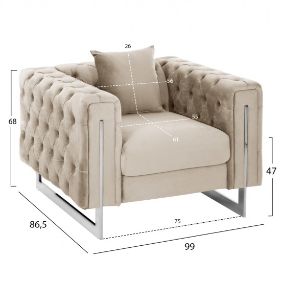 ΠΟΛΥΘΡΟΝΑ τ.CHESTERFIELD MOBAR HM3261.02 ΚΡΕΜ ΒΕΛΟΥΔΟ-ΜΕΤΑΛΛΙΚΑ ΠΟΔΙΑ 99x86,5x77Υεκ.