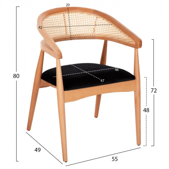 ΠΟΛΥΘΡΟΝΑ KOMODUS HM18012.02 ΞΥΛΟ ΟΞΙΑΣ-RATTAN-ΥΦΑΣΜΑ ΣΕ ΜΑΥΡΟ 55x49x80Υεκ.