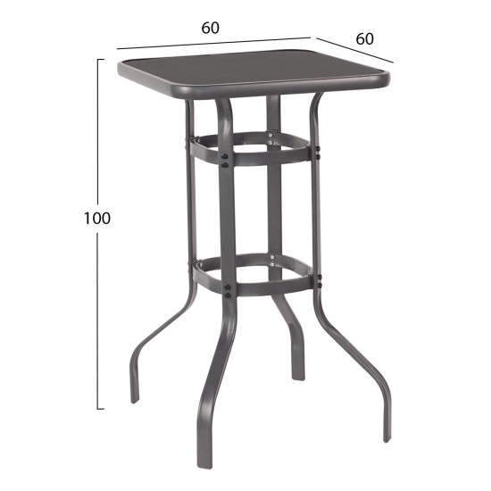 ΤΡΑΠΕΖΙ ΜΠΑΡ ΤΕΤΡΑΓΩΝΟ FIGGY HM6066.01 ΜΕΤΑΛΛΙΚΟ ΓΚΡΙ-ΓΥΑΛΙ ΑΣΦΑΛΕΙΑΣ 60x60x100Υεκ