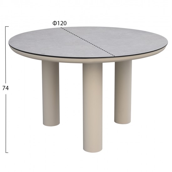 ΤΡΑΠΕΖΙ ΑΛΟΥΜΙΝΙΟΥ DOSUN HM6201.02 ΚΡΕΜ ΣΚΕΛΕΤΟΣ-3D PRINT ΓΥΑΛΙ-ΚΕΡΑΜΙΚΟ LOOK Φ120εκ