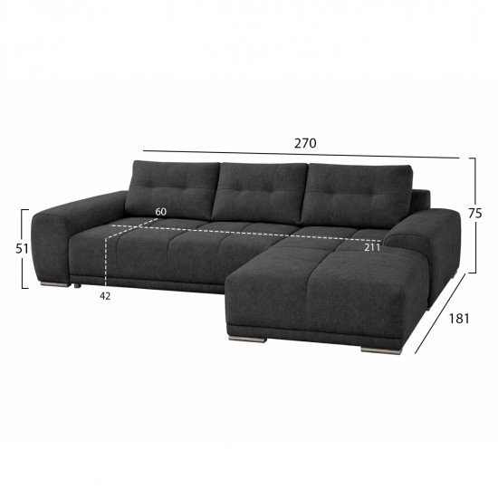 ΚΑΝΑΠΕΣ ΚΡΕΒΑΤΙ ΔΕΞΙΑ ΓΩΝΙΑ COMFYRA HM3336.01R ΓΚΡΙ ΥΦΑΣΜΑ 270x181x75Υεκ