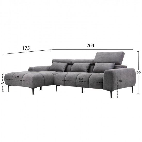 ΚΑΝΑΠΕΣ ΑΡΙΣΤΕΡΗ ΓΩΝΙΑ DIVYA HM3267.12L ΓΚΡΙ ΥΦΑΣΜΑ 264x175x99Υεκ.